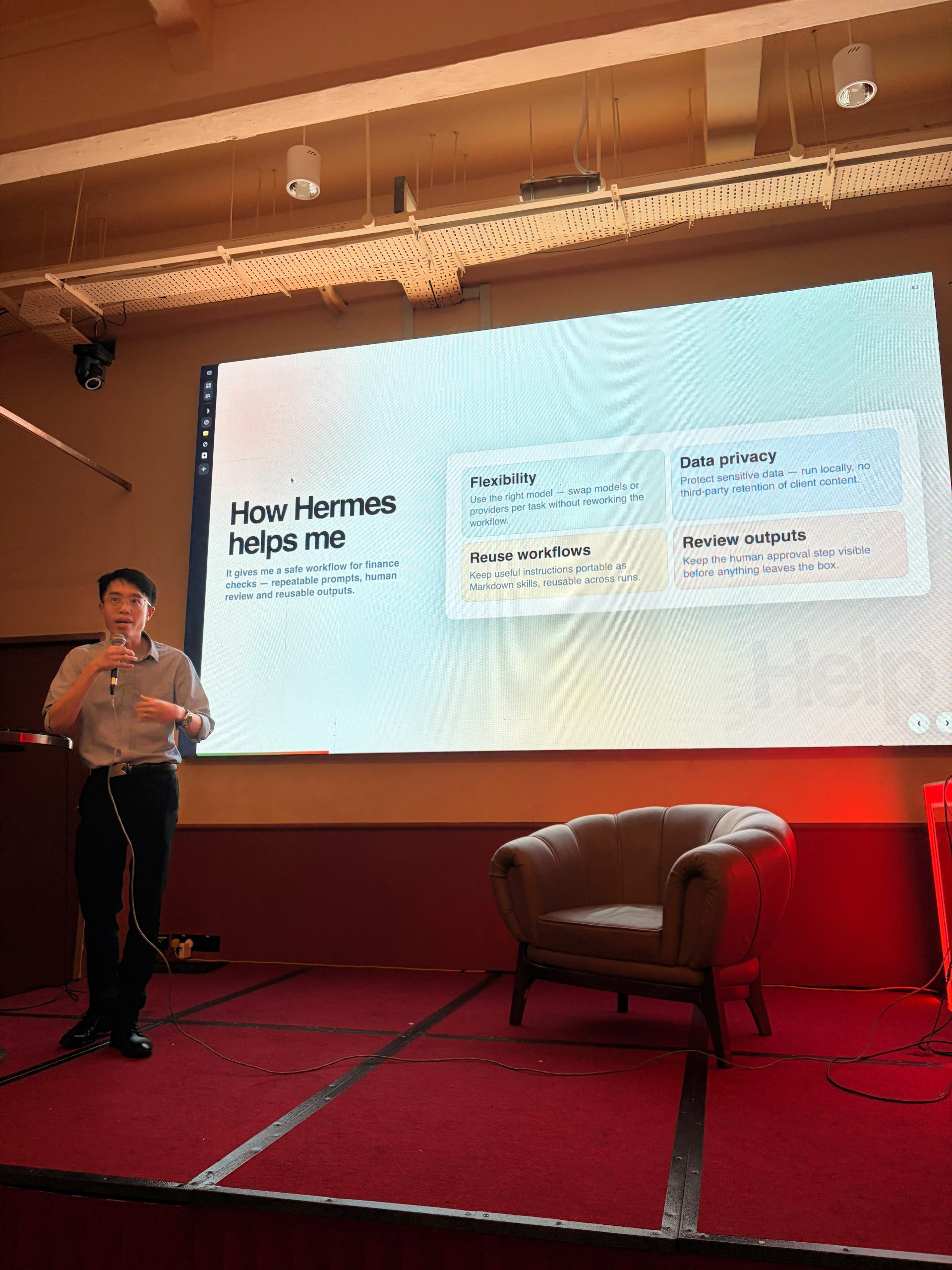 Benjamin Cheng presenting how Hermes helps with private finance workflows at Mandala Club