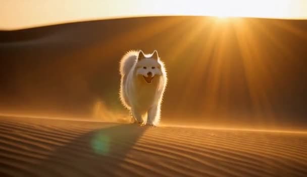 White spitz dog walking through a desert at dawn, generated locally with MiniMax-H3